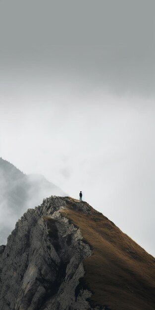 Une personne se tient sur une falaise dans le brouillard