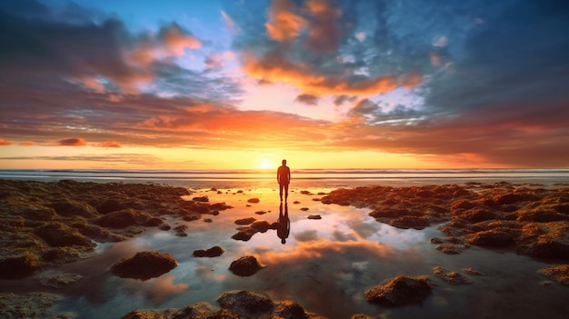 Une personne se tient sur une plage en regardant le coucher du soleil.