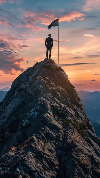 Une personne se tient victorieuse sur un sommet escarpé sur le fond d'un ciel de crépuscule à couper le souffle un drapeau agitant comme un symbole de succès