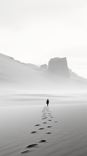 une personne seule marchant sur une plage dans le brouillard