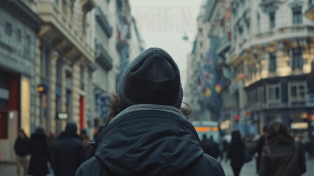 Une personne solitaire marchant dans une rue animée de la ville, plongée dans ses pensées.