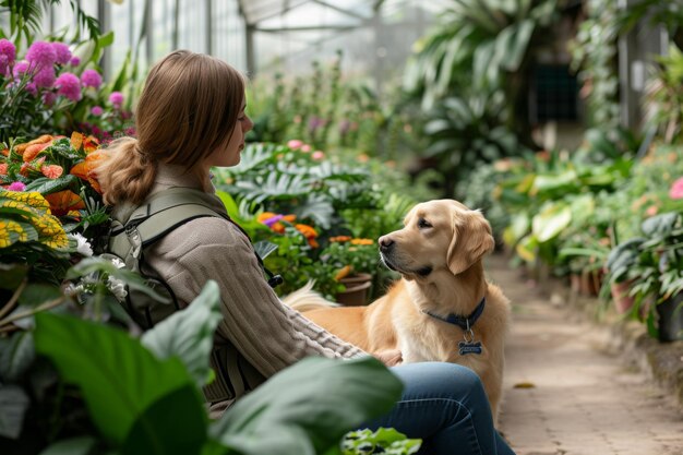 Photo une personne avec son chien d'assistance explore un jardin luxuriant, interagit avec les plantes et profite du calme.