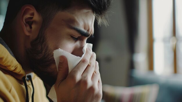 Photo une personne souffrant de froid soufflant son nez dans un mouchoir