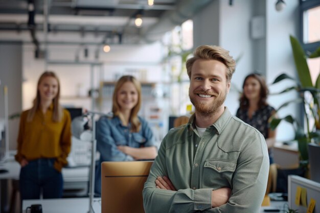 Personne souriante jeune debout ensemble portrait du personnel à l'intérieur de JOB moderne souriant à la caméra