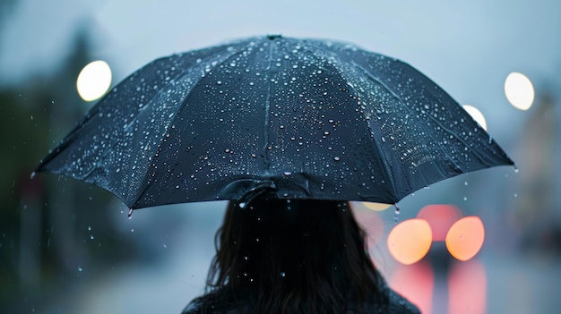 Personne sous un parapluie au milieu de la pluie et des lumières nocturnes de la ville