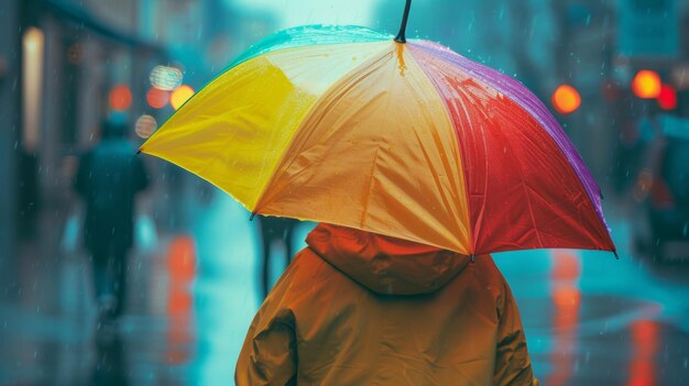 Une personne sous un parapluie coloré se démarque contre un paysage urbain trempé par la pluie.