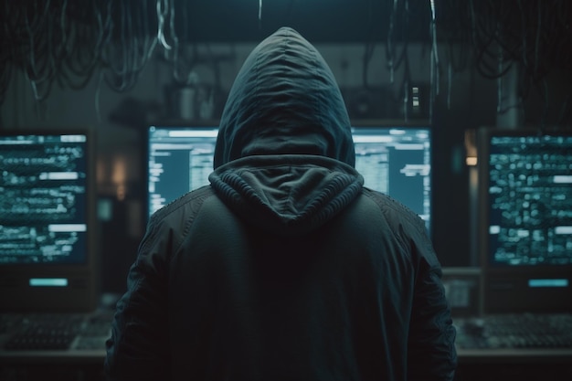 Une personne en sweat à capuche se tient devant un écran d'ordinateur qui dit "cybercriminalité"