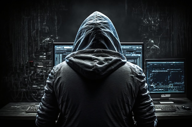 Une personne en sweat à capuche se tient devant un écran d'ordinateur qui dit cyberpunk.