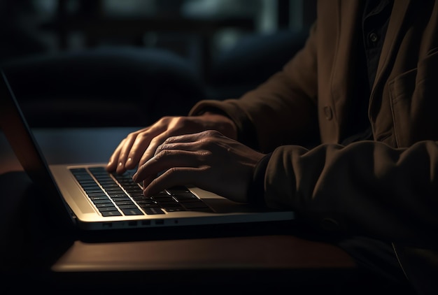 Une personne tapant sur un ordinateur portable dans une pièce sombre.