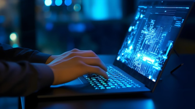 Une personne tapant sur un ordinateur portable avec le mot cyber sur l'écran