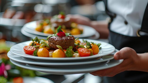 Photo une personne tenant une assiette avec un dessert sur elle et une plaque avec un fruit sur elle avec une fraise sur