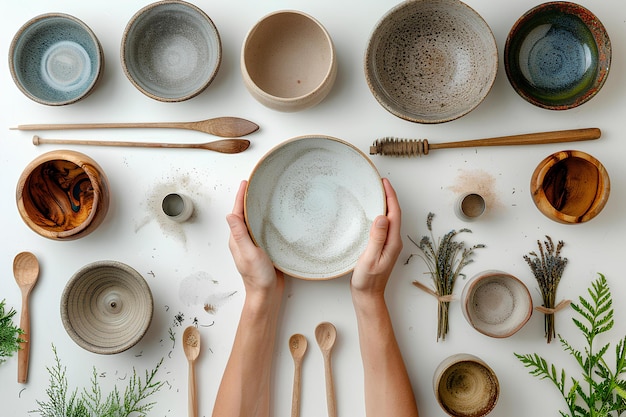 Une personne tenant une assiette entourée de bols et de cuillères et de plantes et d'herbes sur une surface blanche avec