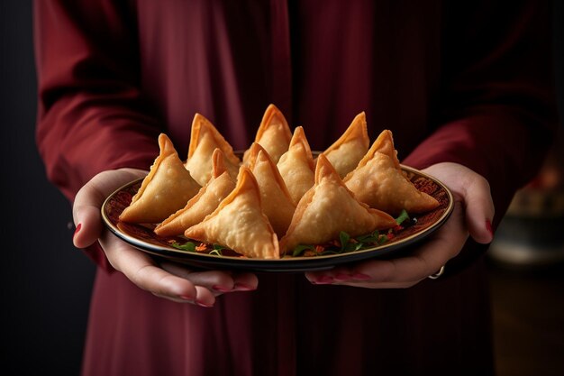 Photo une personne tenant une assiette de samosas et riant