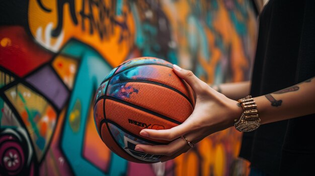 Une personne tenant un ballon de basket devant un graffiti