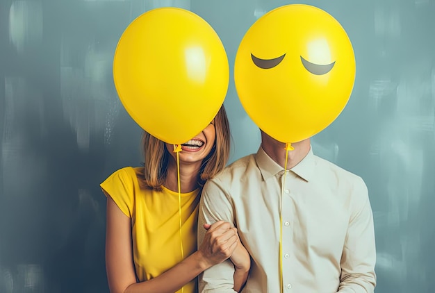 personne tenant un ballon jaune avec le logo du sourire enveloppé autour de son visage couple heureux