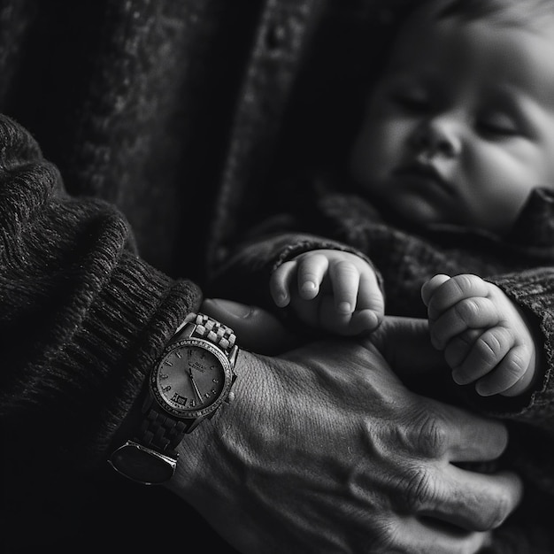 Une personne tenant un bébé avec une montre au poignet.