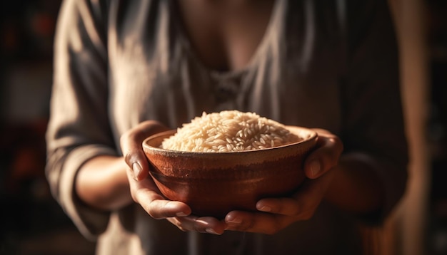 Une personne tenant un bol de riz biologique frais souriant joyeusement généré par l'IA