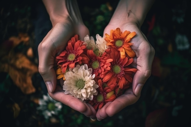 Une personne tenant un bouquet de fleurs dans ses mains AI générative