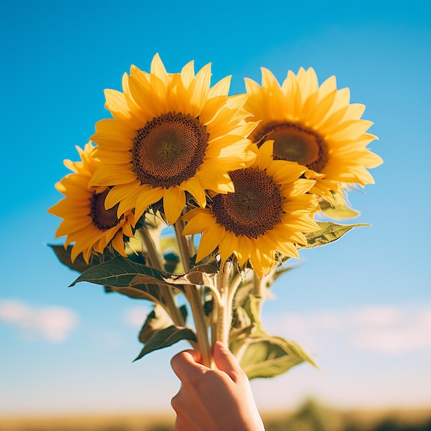 une personne tenant un bouquet de tournesols dans un champ