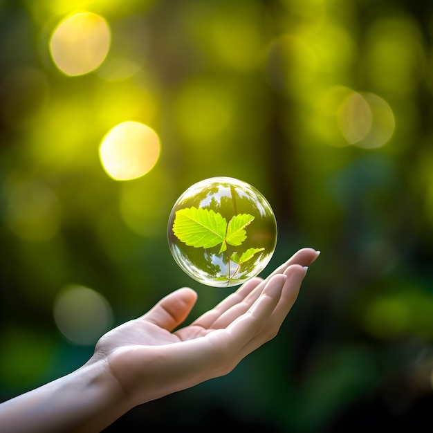 Une personne tenant une bulle avec des feuilles dessus