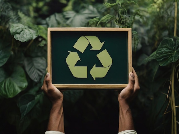 une personne tenant un cadre en bois avec un rectangle qui dit recyclable