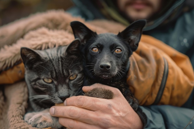 Une personne tenant un chien et un chat