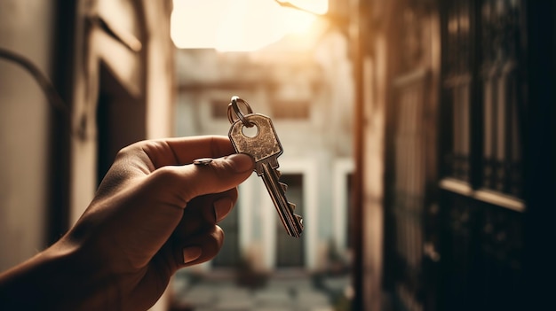 Une personne tenant une clé dans sa main, le soleil brille sur le fond d'un bâtiment.