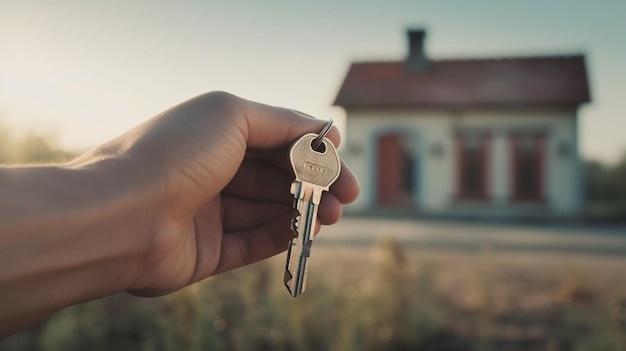 Une personne tenant une clé à la main devant une maison