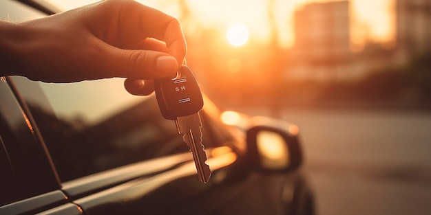 Une personne tenant une clé de voiture qui dit location de voiture.