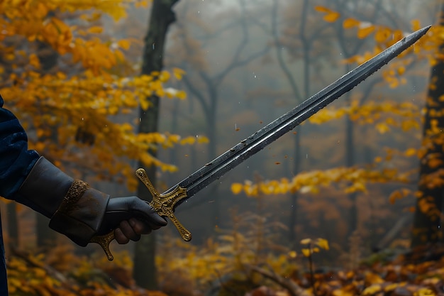 Une personne tenant une épée dans la forêt
