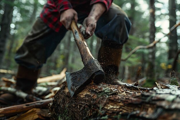 Photo personne tenant une grande hache dans la forêt