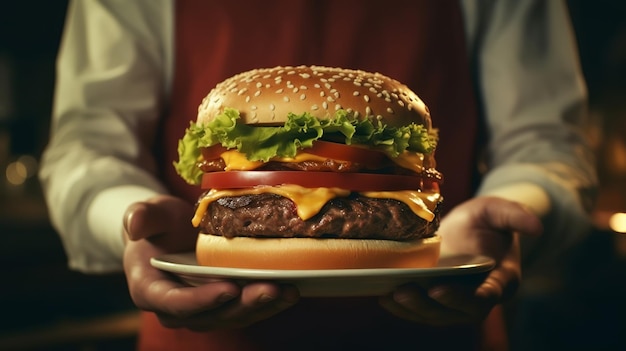 Une personne tenant un hamburger avec le mot burger dessus