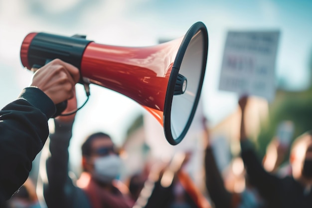 Une personne tenant un haut-parleur lors d'un rassemblement de protestation