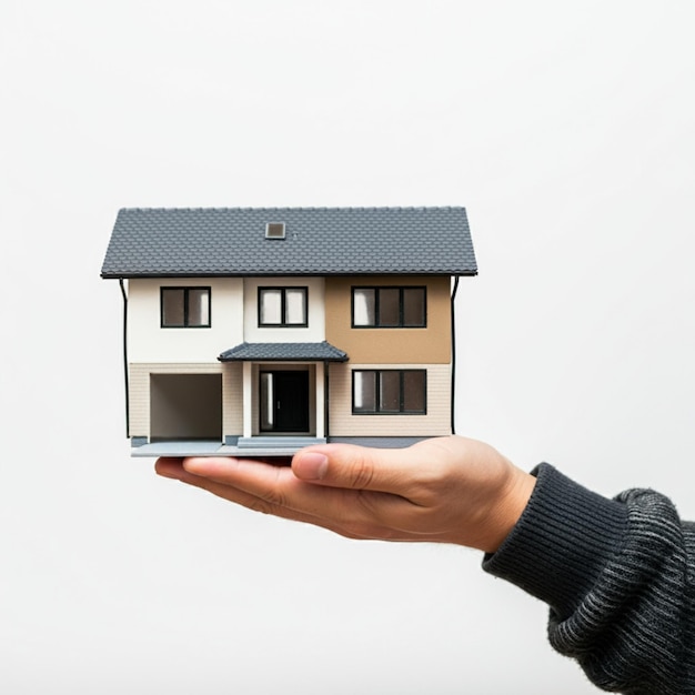 une personne tenant une maison avec une maison sur le dessus