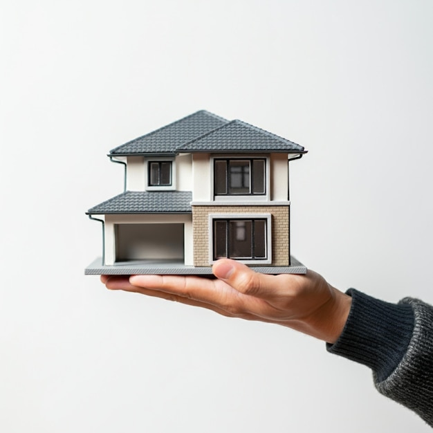 une personne tenant une maison qui a une maison sur le dessus