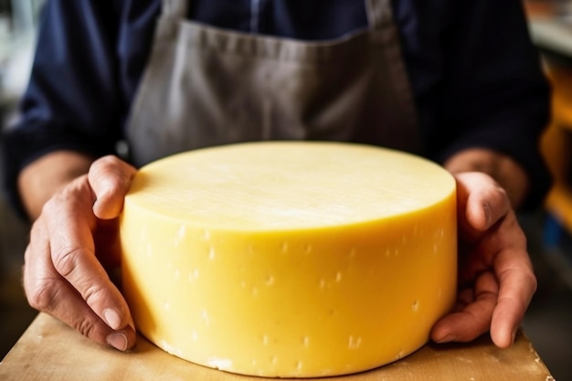 Une personne tenant un morceau de fromage dans ses mains Production de fromage fait maison dans une ferme Produit naturel Gros plan Concept agricole