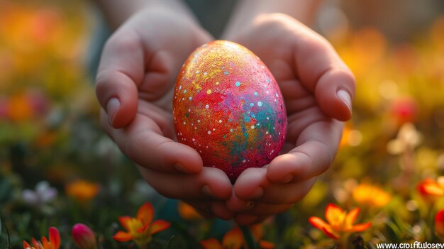 Une personne tenant un œuf de Pâques coloré dans ses mains