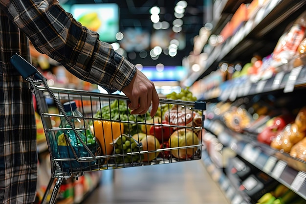 Une personne tenant un panier d'épicerie dans une épicerie