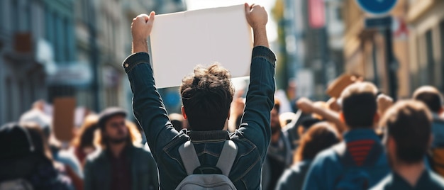 Une personne tenant un panneau blanc au milieu d'une foule dans une rue de la ville