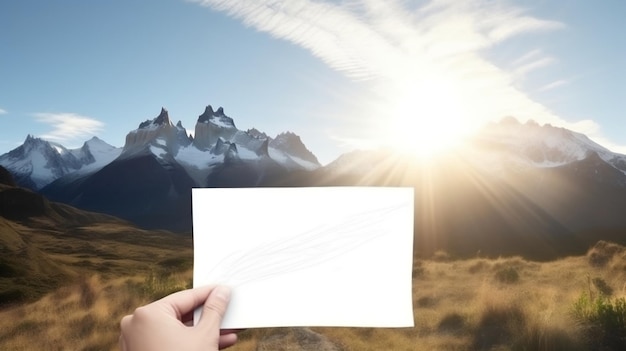 Une personne tenant un papier devant un paysage de montagne