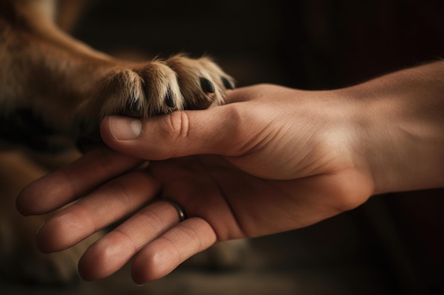 Une personne tenant la patte d'un chien AI générative