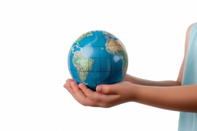 Personne tenant un petit globe dans les mains sur une surface blanche ou transparente PNG Arrière-plan transparent