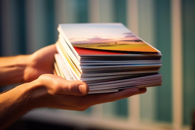 une personne tenant une pile de livres avec une image d'une montagne au sommet.