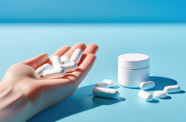Photo une personne tenant des pilules et une bouteille de pilules sur une table