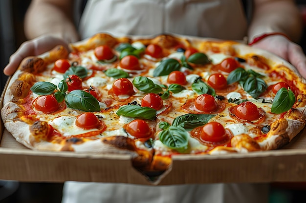 Personne tenant une pizza avec des tomates et du basilic