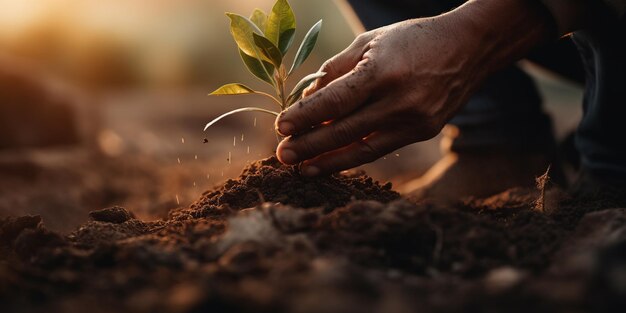 Une personne tenant une plante dans la terre