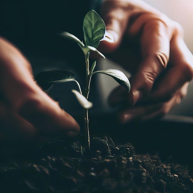 une personne tenant une plante avec une pousse verte dans sa main IA générative