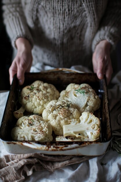 Personne tenant un plat de cuisson avec du chou-fleur rôti et des herbes