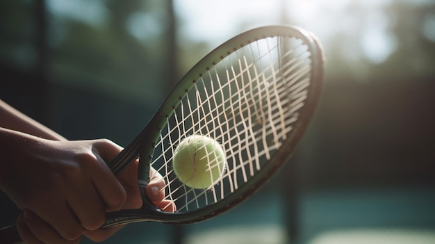 Une personne tenant une raquette de tennis avec une balle de tennis dessus.