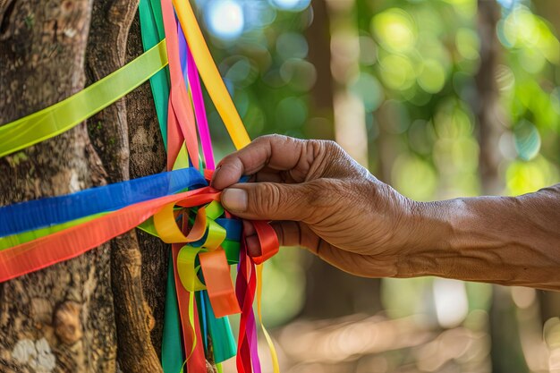 Une personne tenant un ruban coloré autour d'un arbre